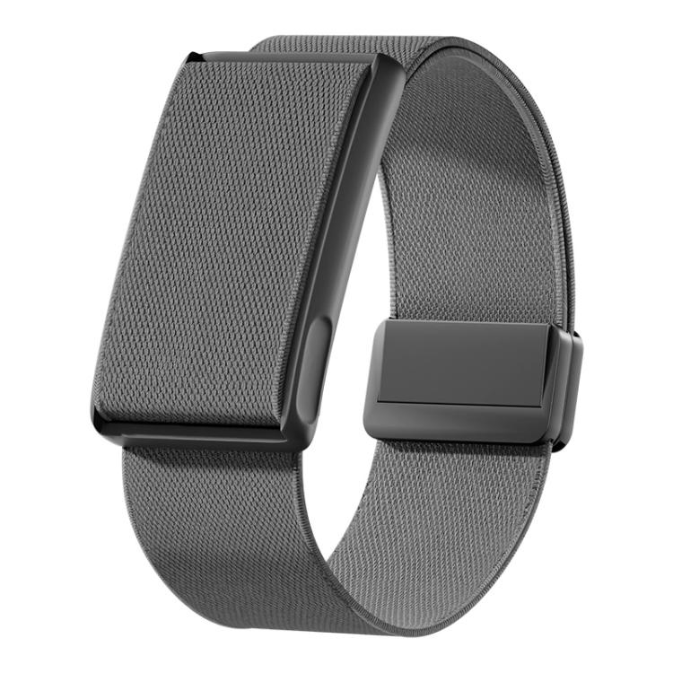 Dark gray stretch woven watch band with magnetic clasp and black metal frame