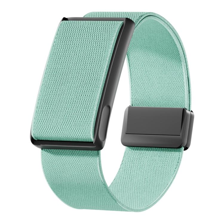 Mint green stretch woven watch band with magnetic clasp and black metal frame