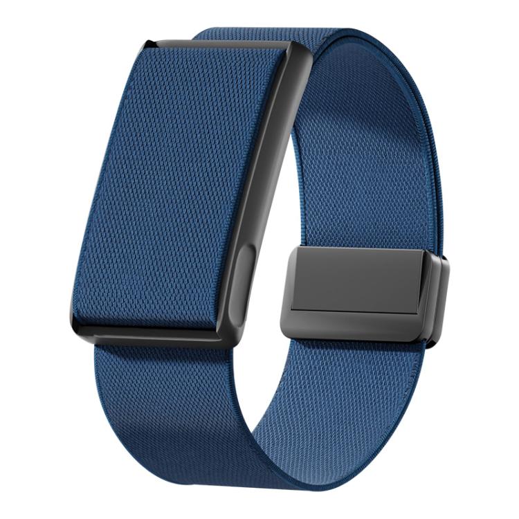 Navy blue stretch woven watch band with magnetic clasp and black metal frame