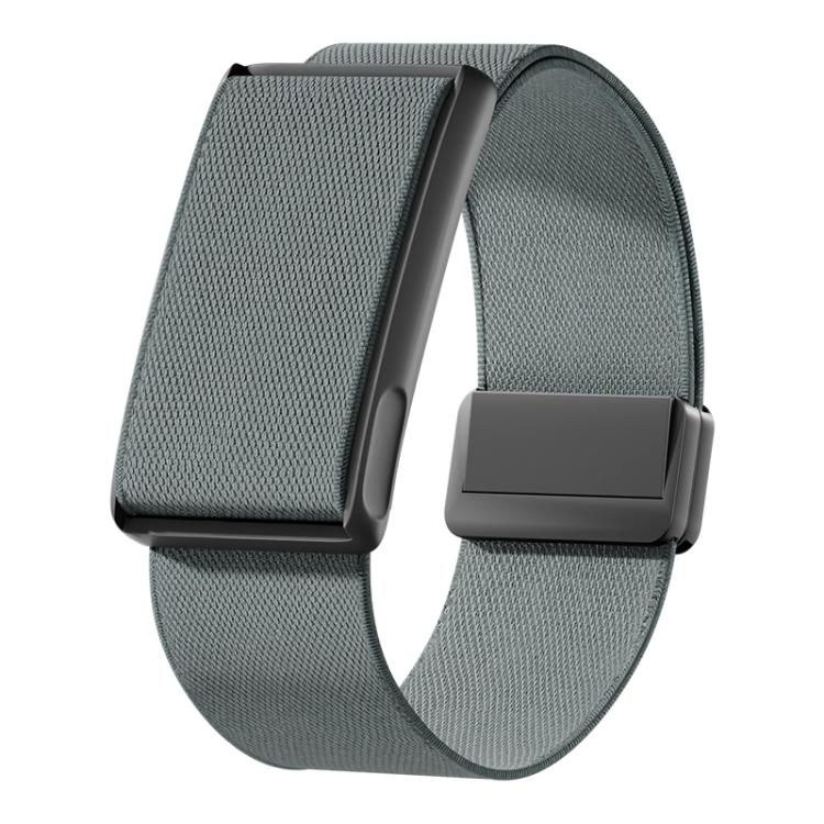Gray-green stretch woven watch band with magnetic clasp and black metal frame