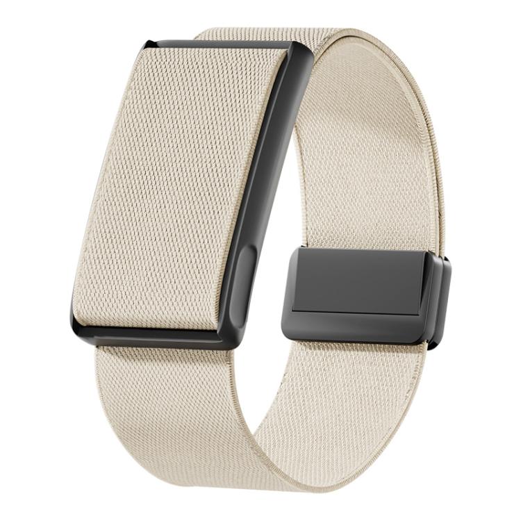 Off-white stretch woven watch band with black metal frame and magnetic clasp