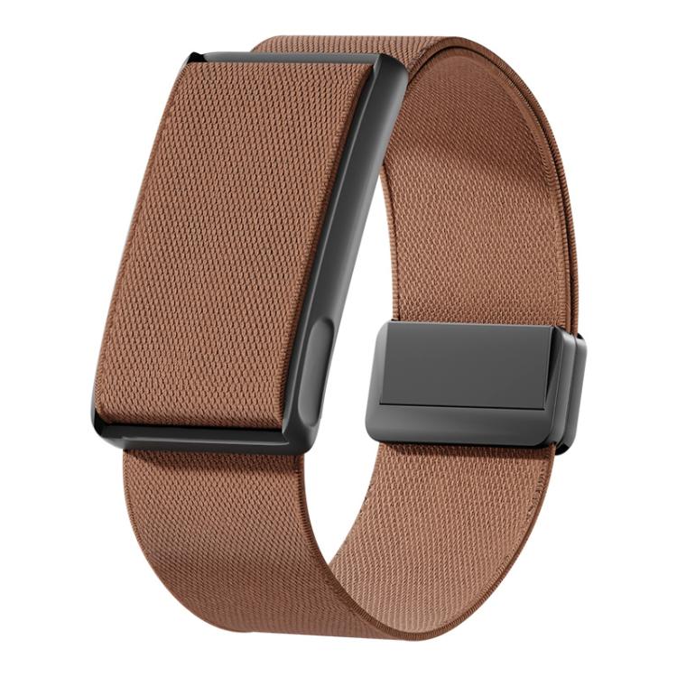 Brown stretch nylon woven watch band with black metal frame and magnetic clasp