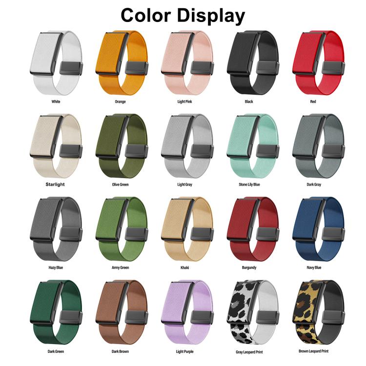 Watch band color chart showing solid and leopard-print stretch nylon options