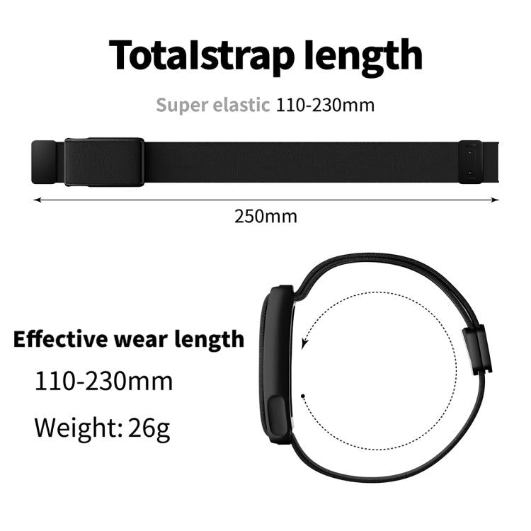 Black stretch woven watch band shown flat and wrapped, with 250 mm total length
