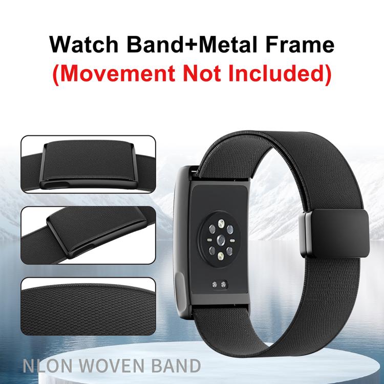 Black stretch nylon woven watch band with metal frame, magnetic clasp, and close-up details