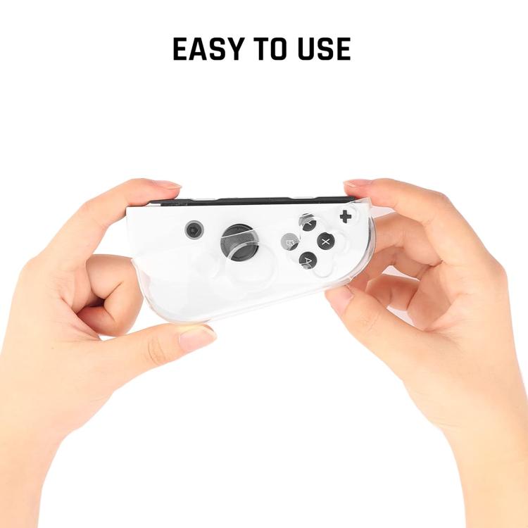 Transparent TPU Joy-Con case being fitted, showing button and joystick openings