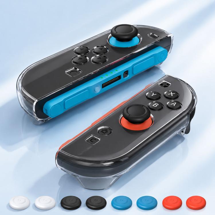 Clear TPU Joy-Con cases with colored joystick caps and thumb grips, pair set