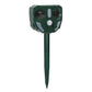 Outdoor solar animal repellent device with dark green housing, two speaker openings, and white indicator