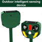Dark green solar animal repellent with red center indicator and yellow side glow, dual speaker vents