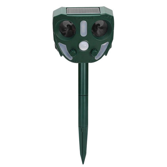 Outdoor solar animal repellent device, dark green body with twin speaker vents and center light