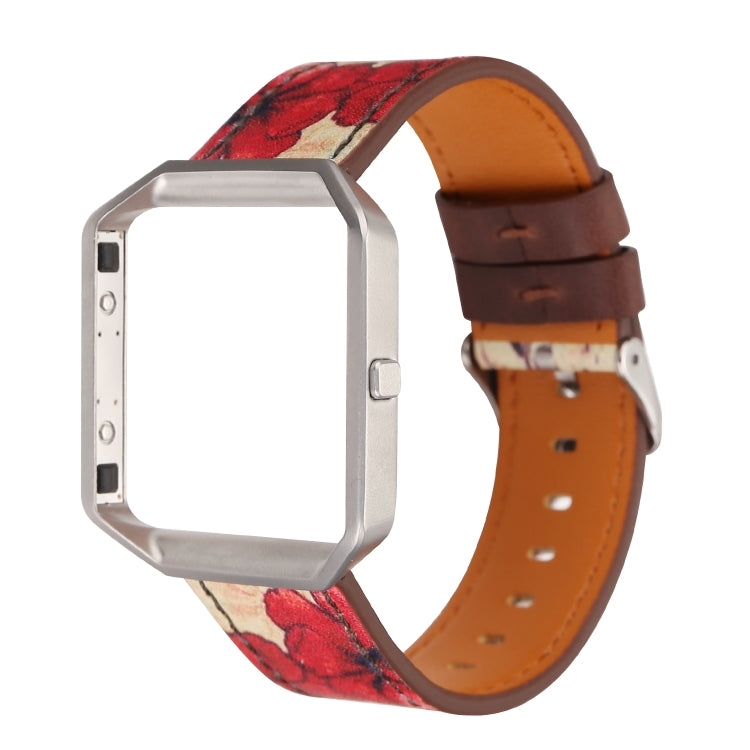 Red floral leather watch strap with orange lining and silver clasp close-up