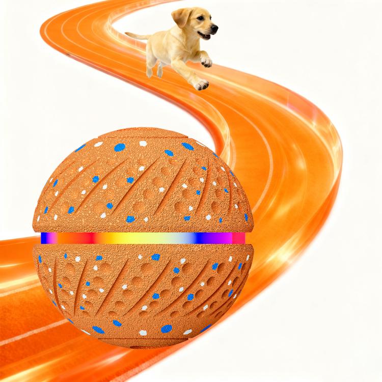 Orange interactive LED pet training ball toy with textured surface, blue speckles, 70mm