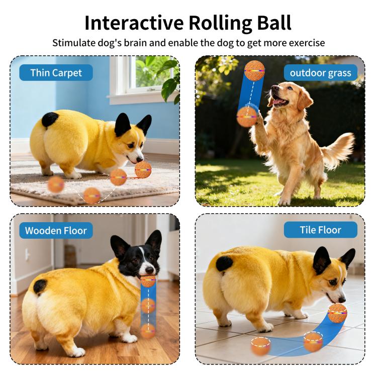 Orange interactive LED pet rolling ball for indoor and outdoor floors, blue speckles