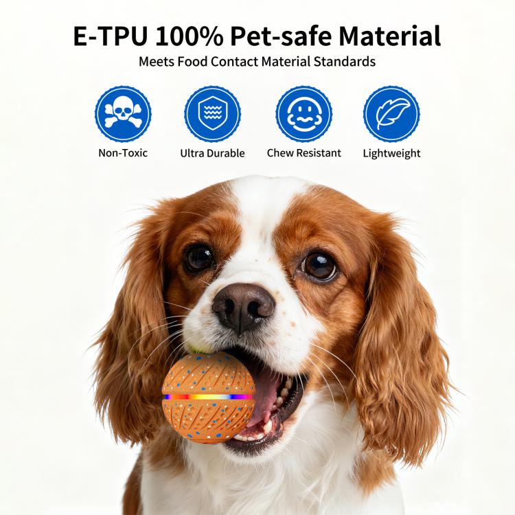 Orange pet-safe textured LED ball toy with blue speckles, 70mm close-up