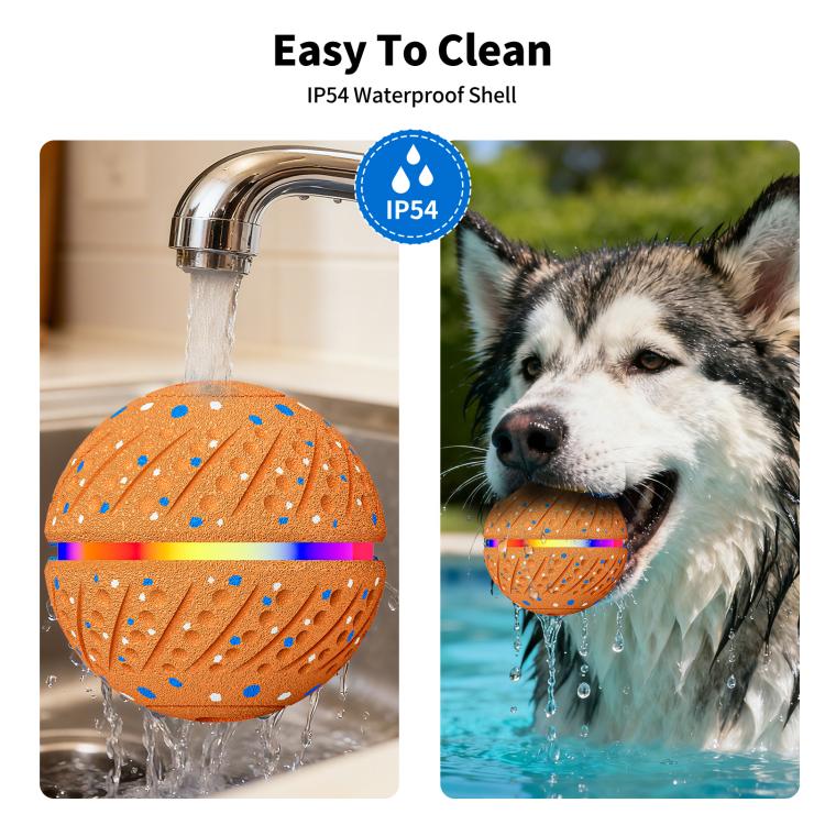 Orange water-resistant LED pet ball toy with blue speckles, textured grip for easy cleaning