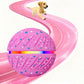 Pink interactive LED pet training ball toy with textured surface and blue speckles, 70mm