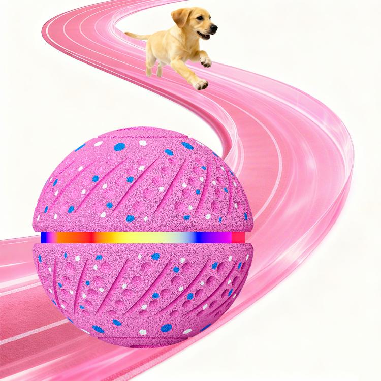 Pink interactive LED pet training ball toy with textured surface and blue speckles, 70mm