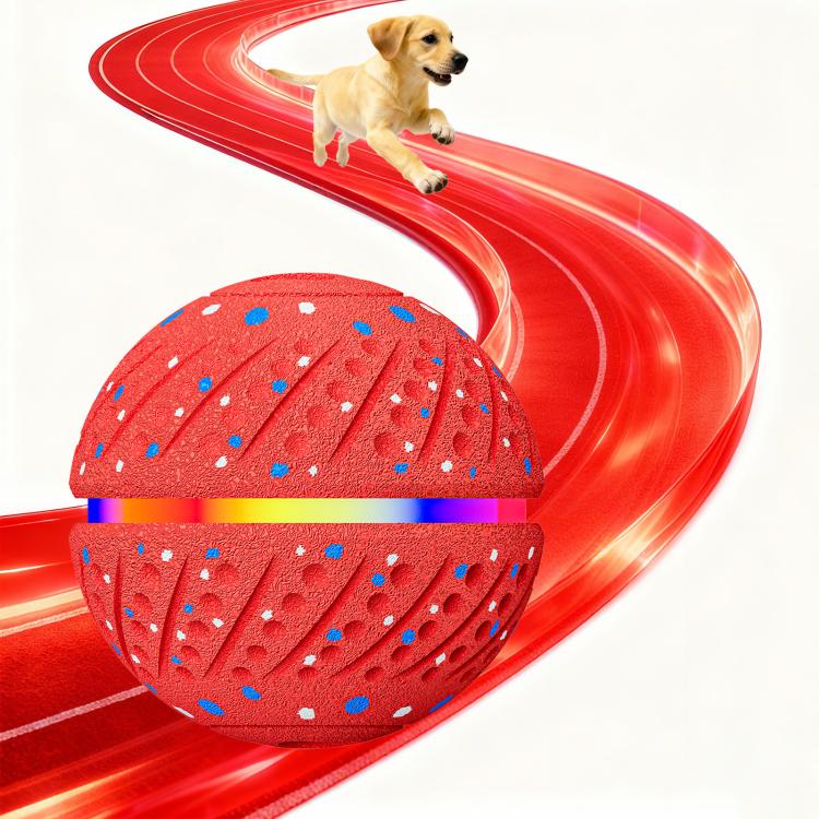 Red interactive LED pet training ball toy with textured surface and blue speckles, 70mm