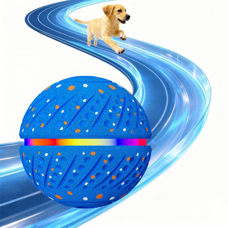 Blue interactive LED pet training ball toy with textured surface and yellow speckles, 70mm