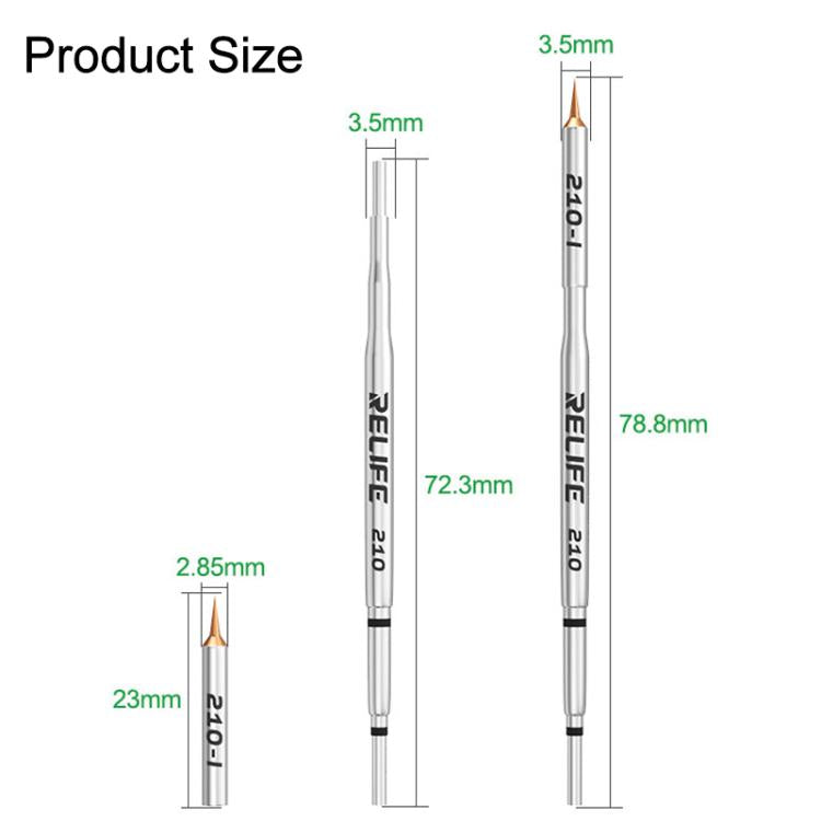 Relife 210 soldering tip dimensions shown: fine conical copper point