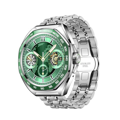 JOYROOM smart watch with green chronograph-style dial and silver stainless steel link bracelet