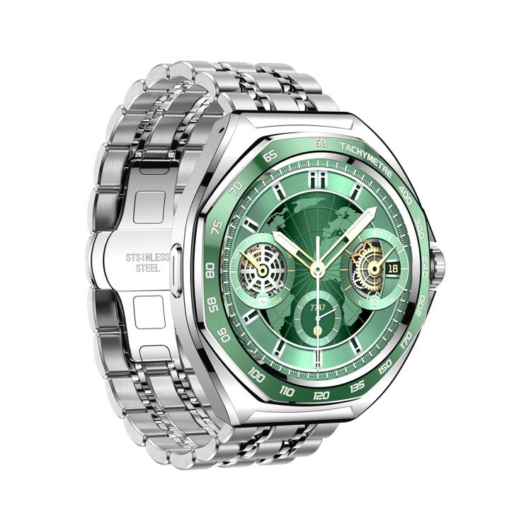 JOYROOM smart watch showing its green dial and silver stainless steel bracelet from the opposite angle
