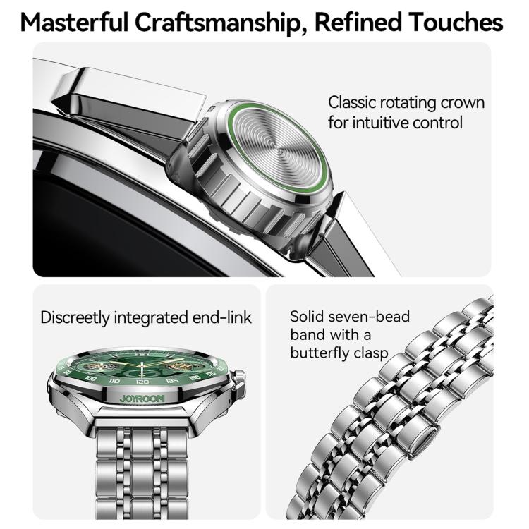 Close-up details of smartwatch crown, case, metal bracelet, and clasp
