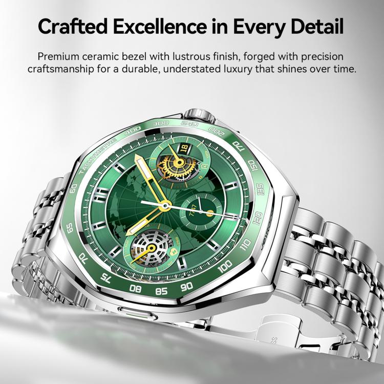JOYROOM JR-FV2 Pro smartwatch with green chronograph-style dial and silver metal bracelet