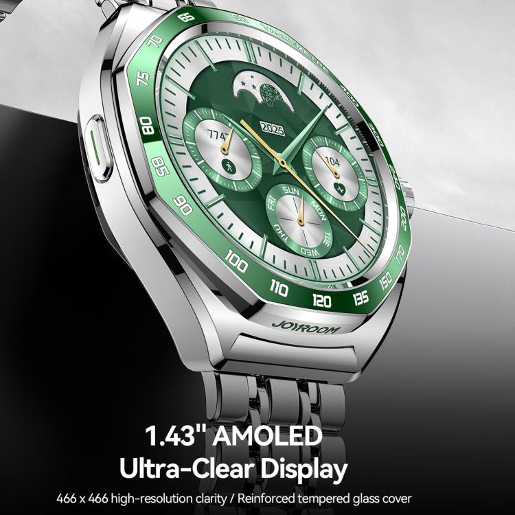 JOYROOM JR-FV2 Pro smartwatch with green dial, silver case, and metal bracelet