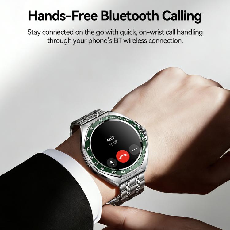Silver and green smartwatch showing an incoming call screen on a wrist