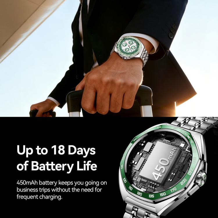 Green-dial smartwatch with silver bracelet, shown on a wrist and in a battery detail view