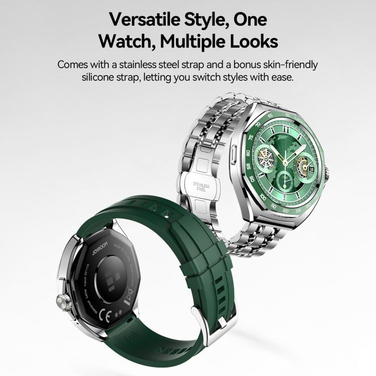 Smartwatch with green dial, silver metal bracelet, and detachable green silicone strap