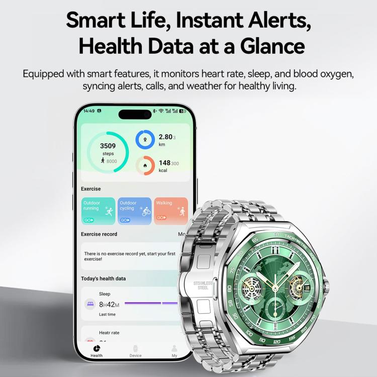 Green-dial smartwatch and companion phone displaying health and activity data