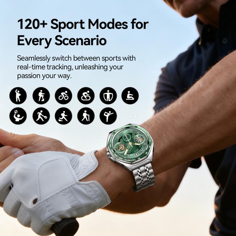 Green-dial smartwatch with silver bracelet worn during a sports activity