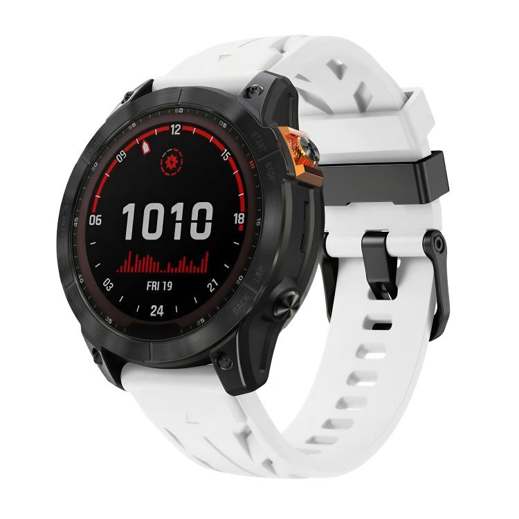 White silicone watch band with pin buckle, fitted to a black smartwatch