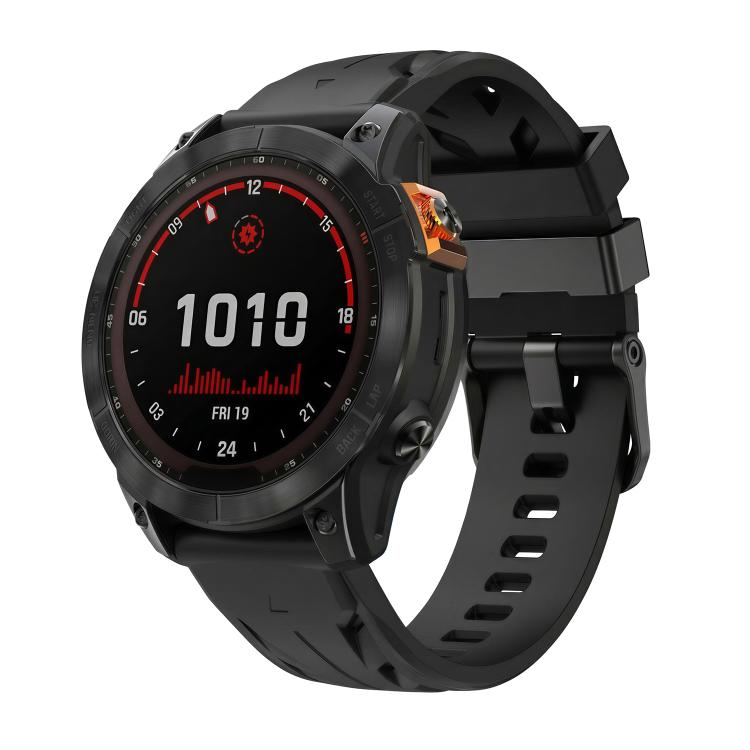 Black silicone watch band with pin buckle, fitted to a black smartwatch