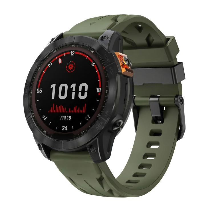 Army green silicone watch band with black pin buckle, shown fitted to a Garmin watch.