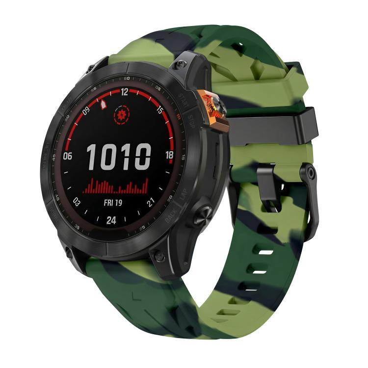 Green camouflage silicone watch band with pin buckle on a black smartwatch