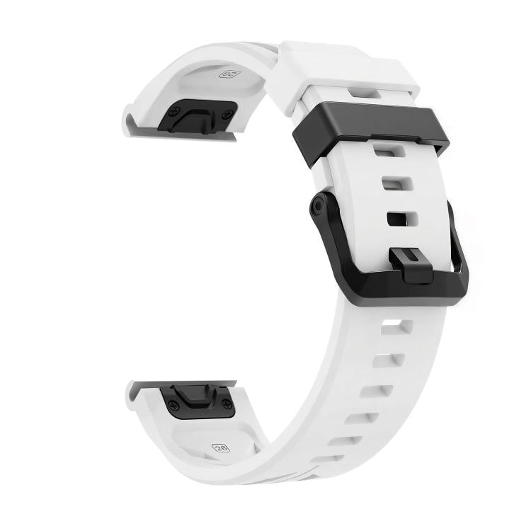 White silicone watch band with black pin buckle and adjustable holes.