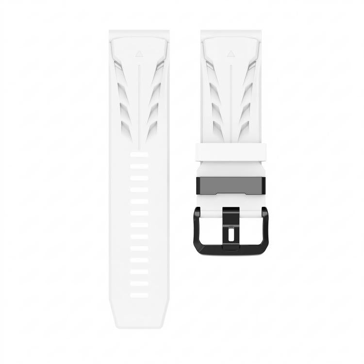 Two-piece white silicone watch band with black pin buckle.