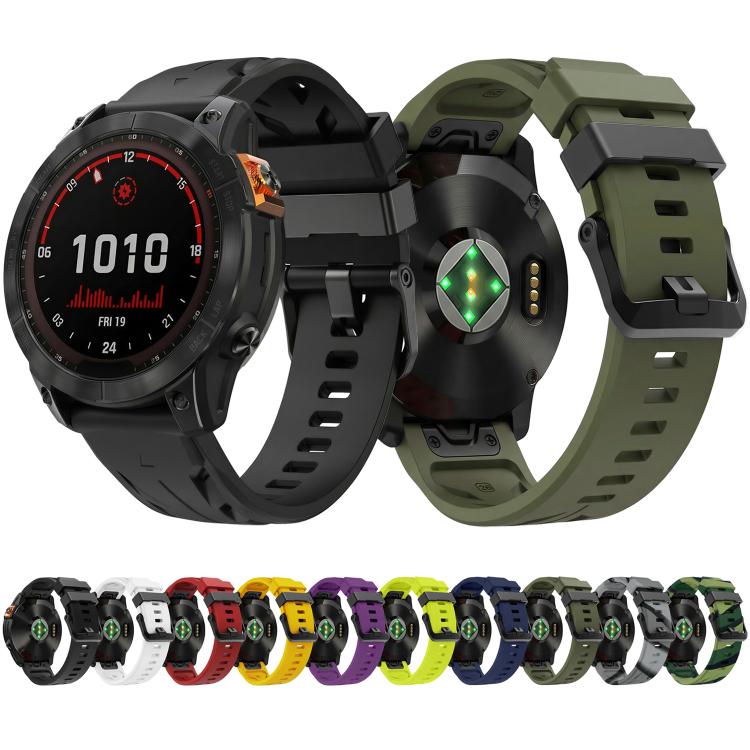 Silicone watch band assortment in multiple colors, shown with Garmin watches and pin buckles.