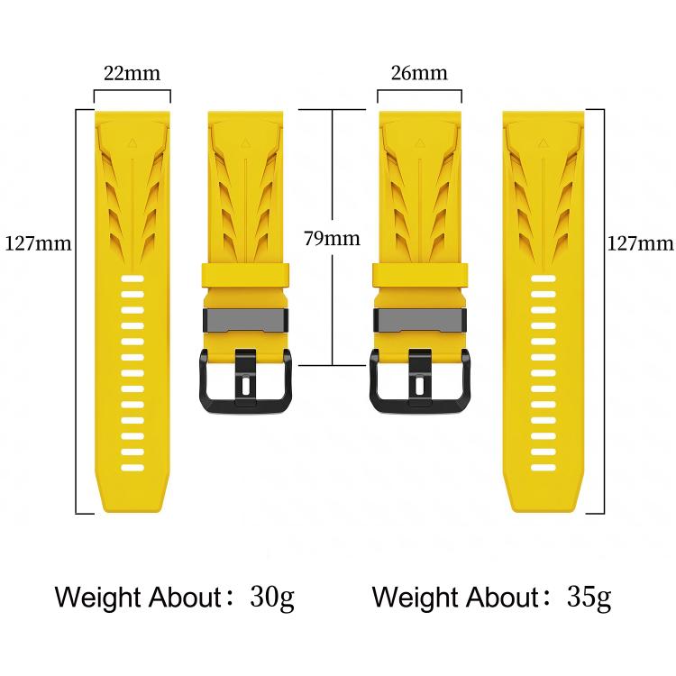 Yellow silicone watch bands in 22 mm and 26 mm widths, with pin buckles and sizing details.