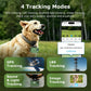 Green pet GPS camera on a dog collar with tracking mode labels and app preview