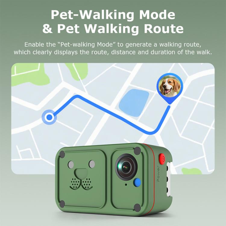 Green pet GPS camera with front lens shown on a route map graphic