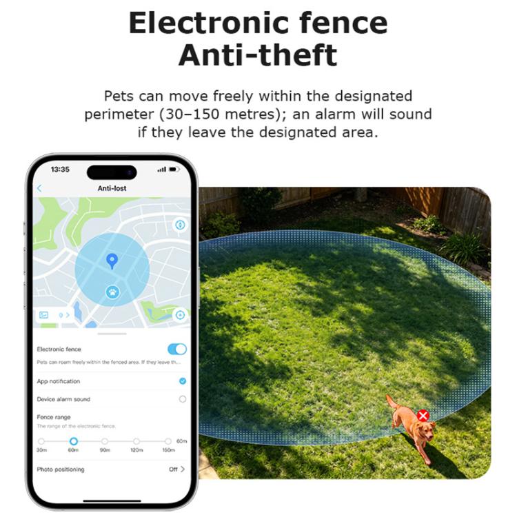 Anti-theft electronic fence infographic with phone app map and pet boundary zone