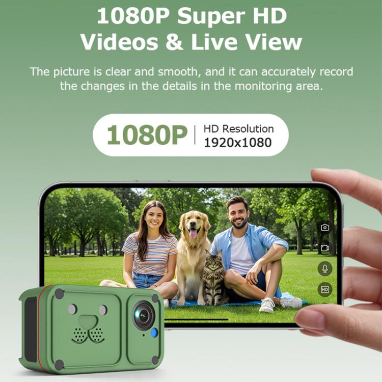 Green pet GPS camera and smartphone live-view screen showing dog and family in yard