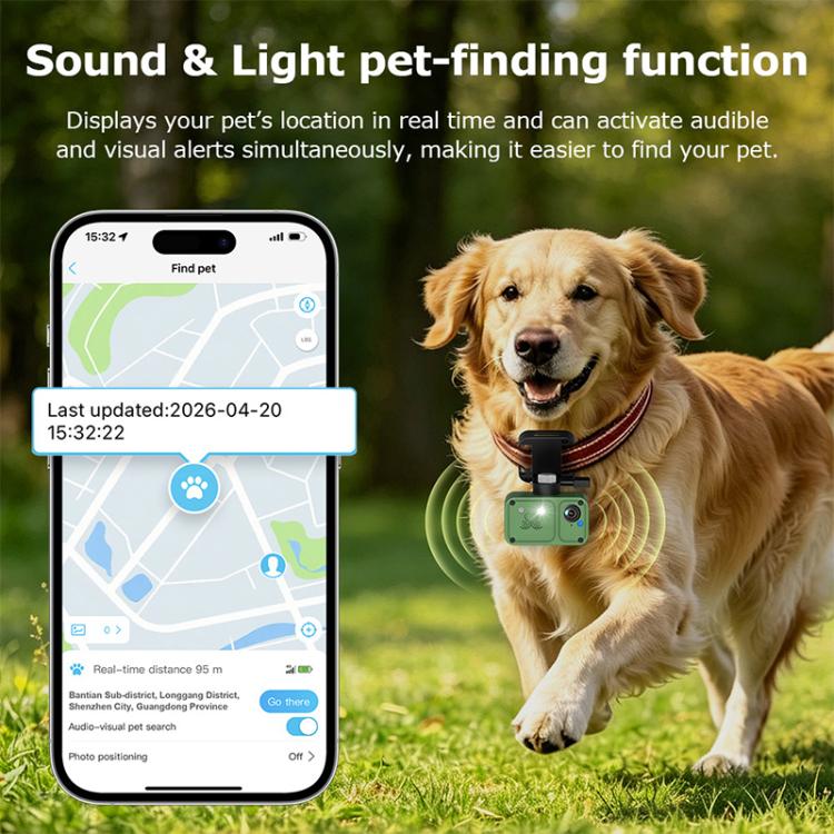 Green pet GPS camera on a running dog with phone app location and find-pet alerts