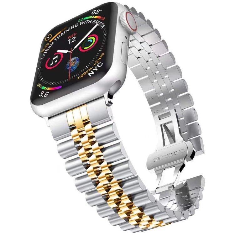 Metal replacement watch strap for Apple Watch, two-tone silver and gold clasp