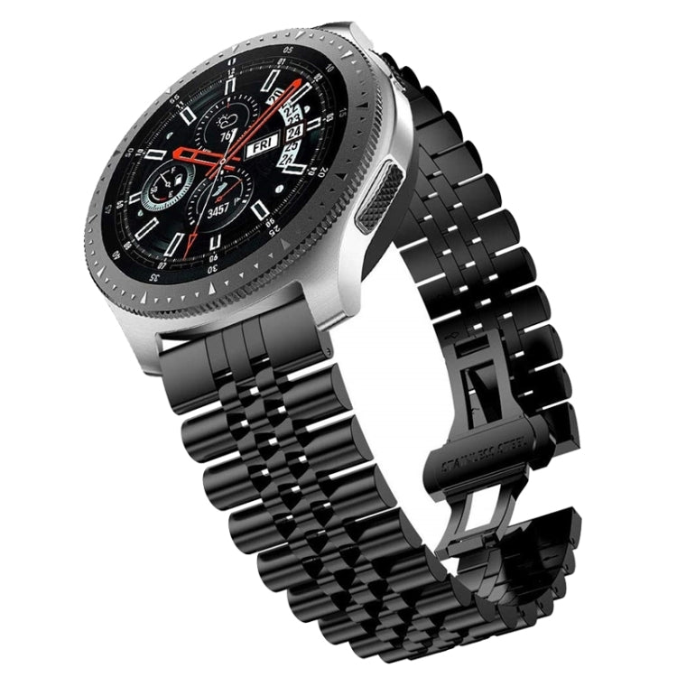 Black steel link replacement watch strap with five-bead style, clasp end visible.