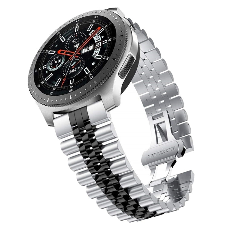 Steel replacement watch band with black center links and silver bracelet